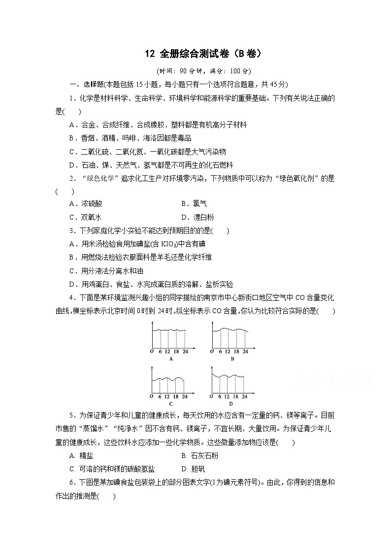 2022年高二化学选修1寒假同步测试卷：12全册综合测试(B卷) Word版含答案第1页