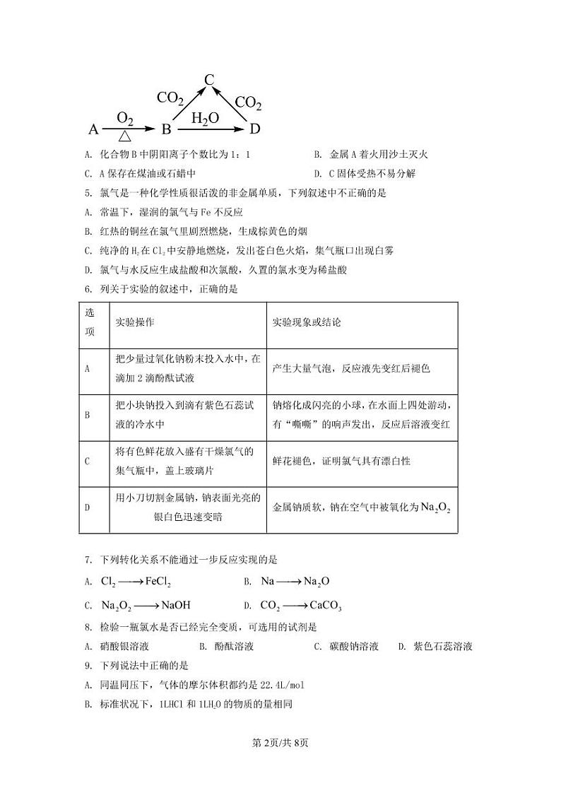 山东省东营市河口区2023-2024学年高一上学期10月月考化学试题第2页