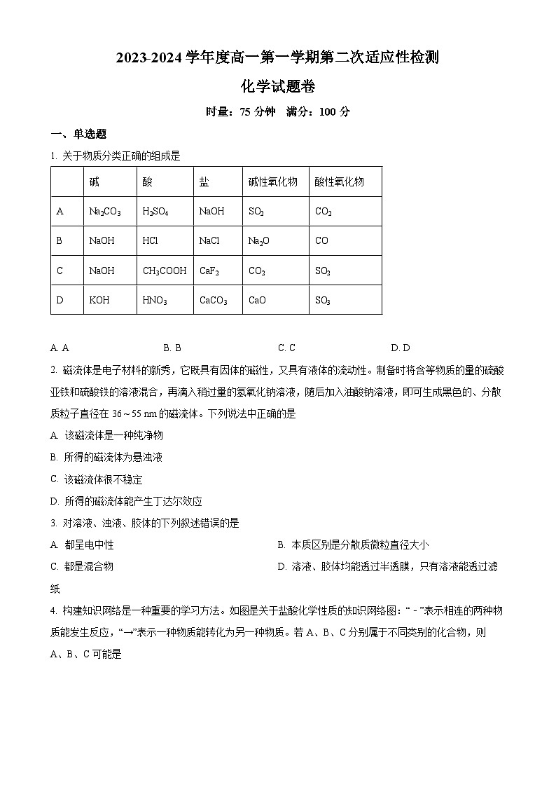 湖南省株洲市重点中学2023-2024学年高一上学期第二次适应性检测化学试题   Word版无答案第1页