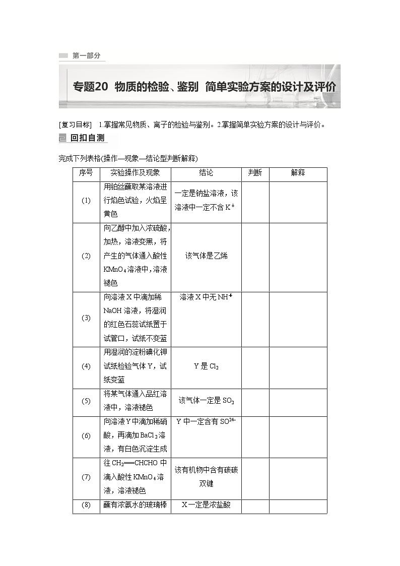 新高考化学二轮复习学案第1部分 专题突破  专题20　物质的检验、鉴别　简单实验方案的设计及评价（含解析）第1页