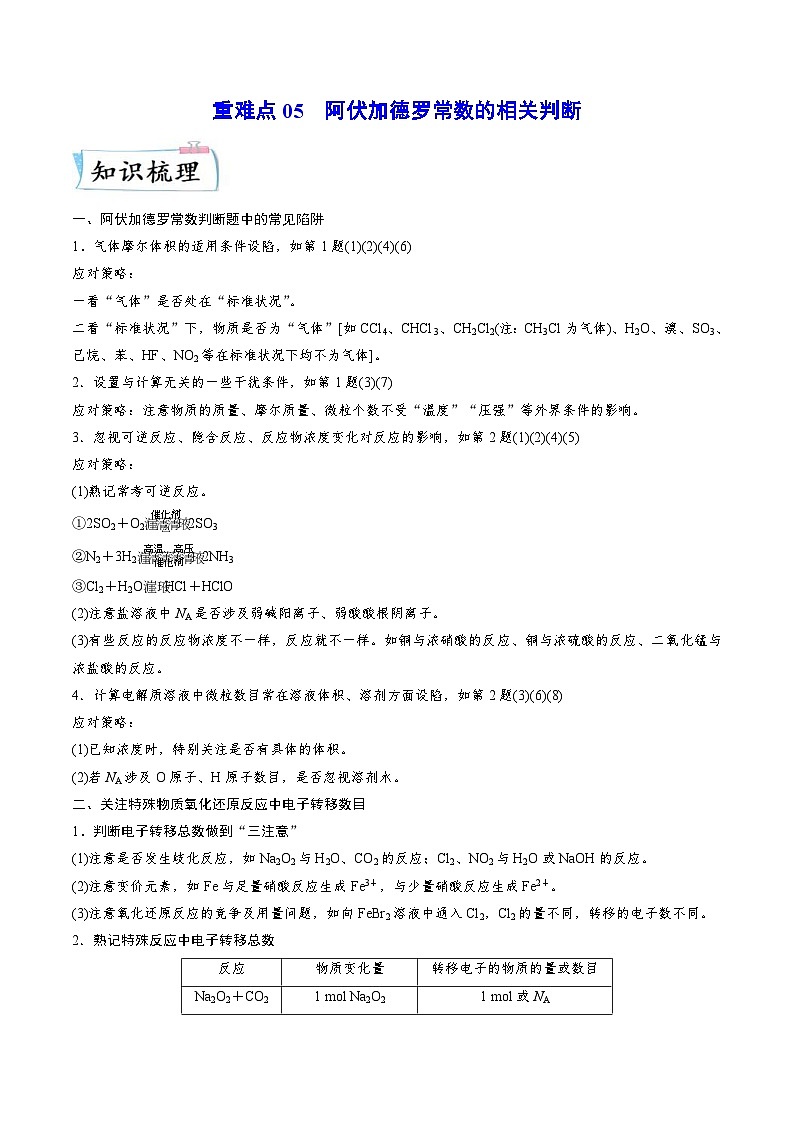 新高考化学二轮复习重难点05 阿伏加德罗常数的相关判断（含解析）第1页
