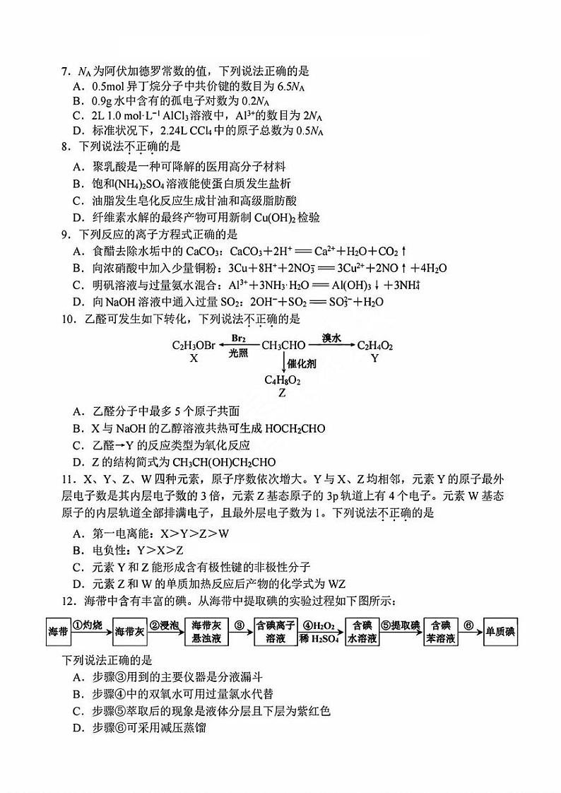 2024嘉兴高三上学期9月基础测试（统考）化学试题扫描版含答案第2页