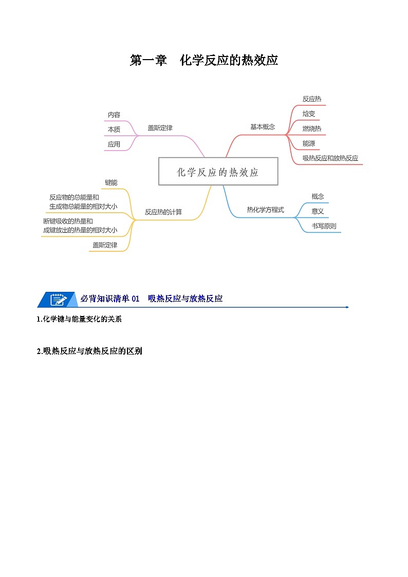 【期中知识点归纳】（人教版2019）2023-2024学年高二上册化学 选修1 第一章  化学反应的热效应 讲义（教师版）第1页