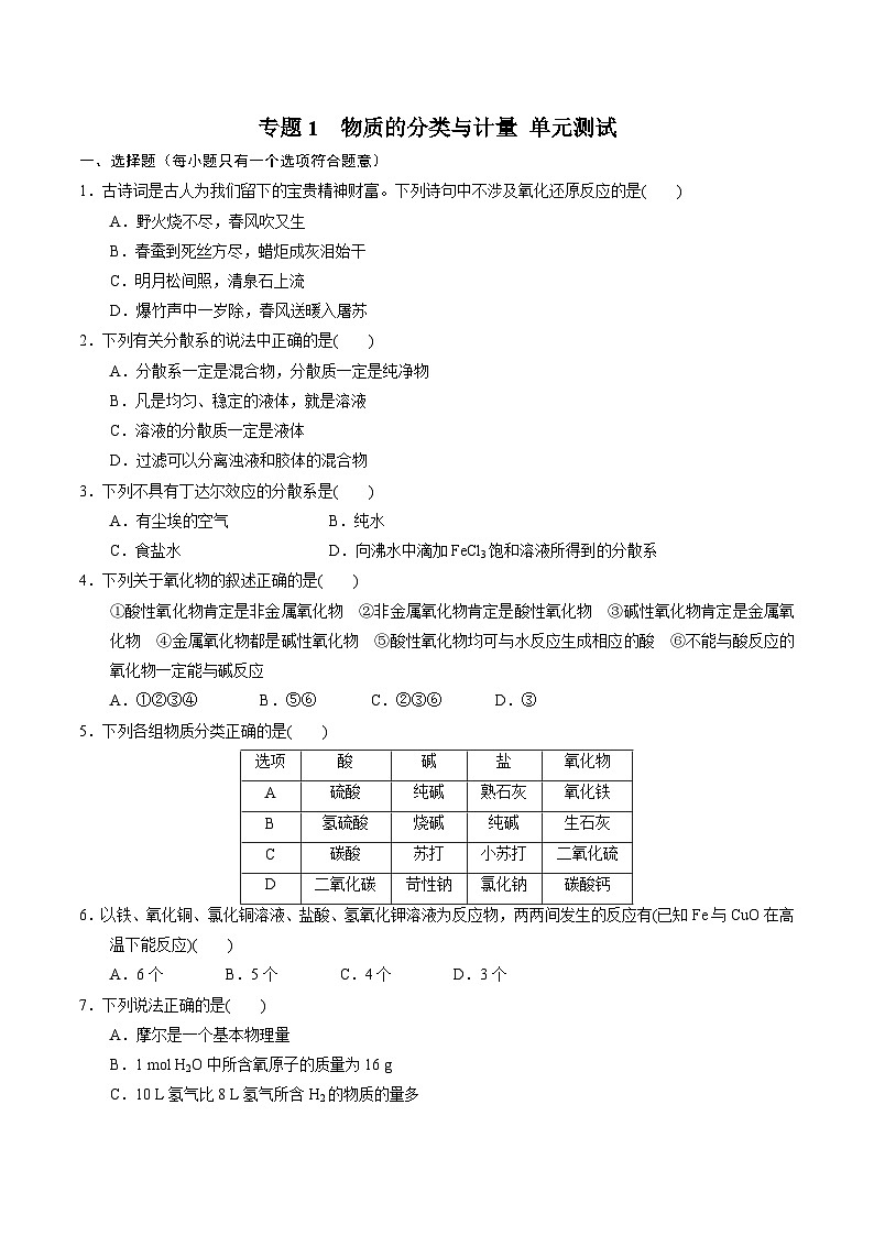 【期中模拟卷】（苏教版2019）2023-2024学年高一上学期化学 必修1 专题1 物质的分类及计量 单元测试（原卷版）第1页