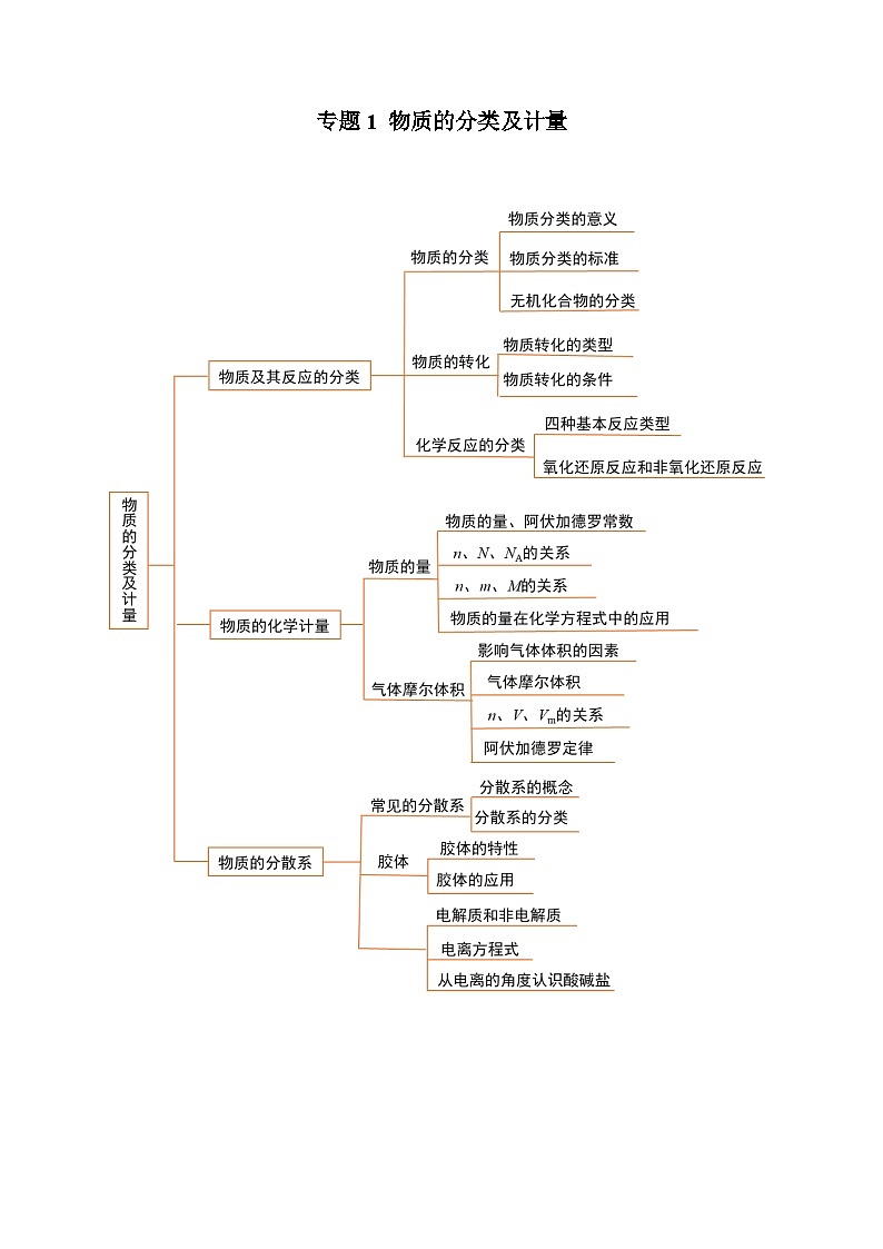 【期中单元知识点归纳】（苏教版2019）2023-2024学年高一上学期化学 必修1 专题1 物质的分类及计量 试卷01