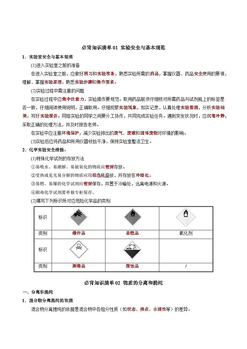 【期中单元知识点归纳】（苏教版2019）2023-2024学年高一上学期化学 必修1 专题2 研究物质的基本方法 试卷02