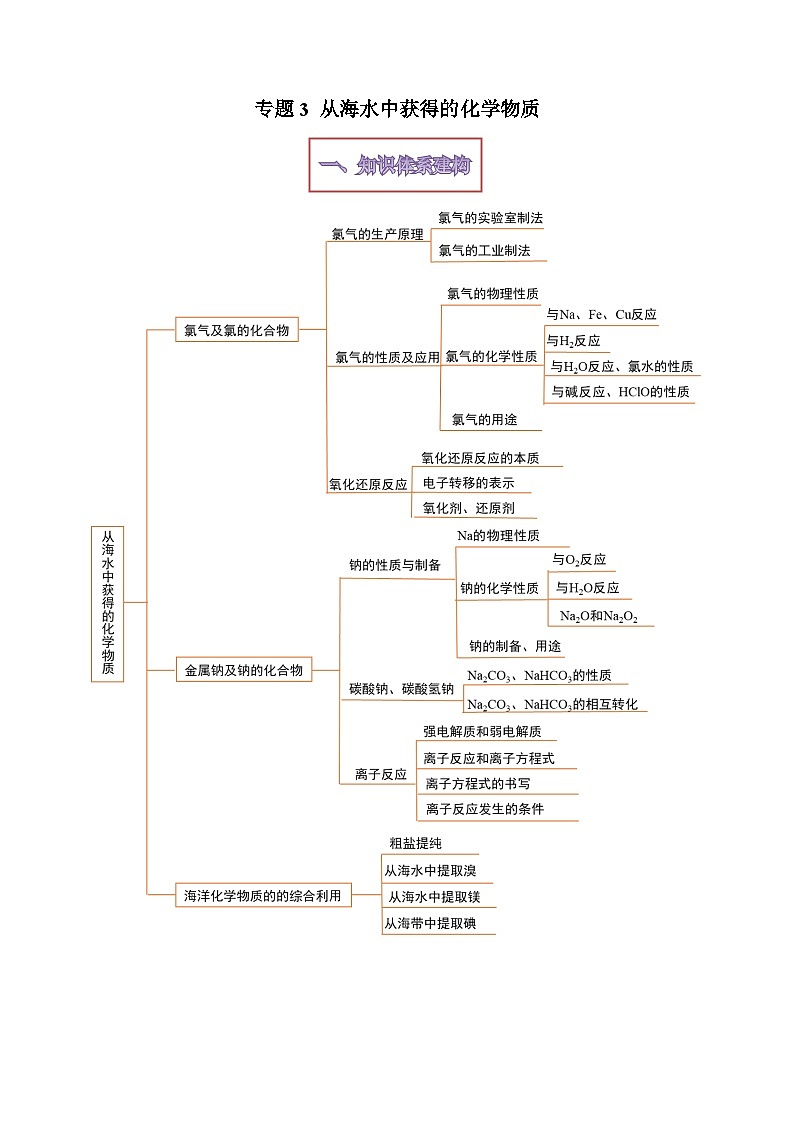 【期中单元知识点归纳】（苏教版2019）2023-2024学年高一上学期化学 必修1 专题3 从海水中获得的化学物质 试卷01