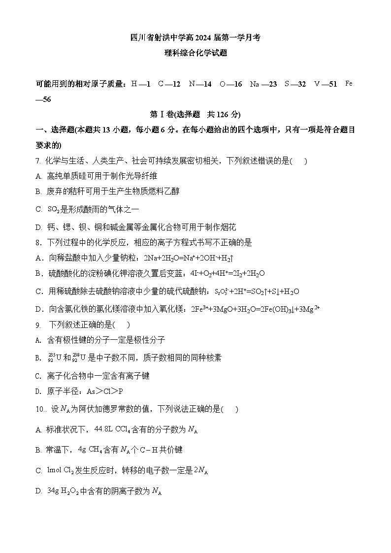 2024四川省射洪中学高三上学期10月月考试题（补习班）化学含答案01