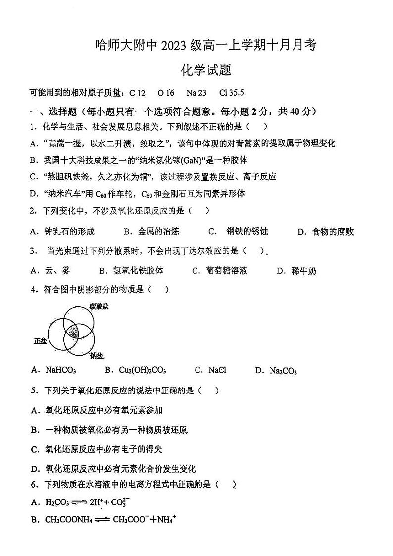 哈尔滨师大附中2023-2024学年高一10月月考化学试卷含答案解析第1页