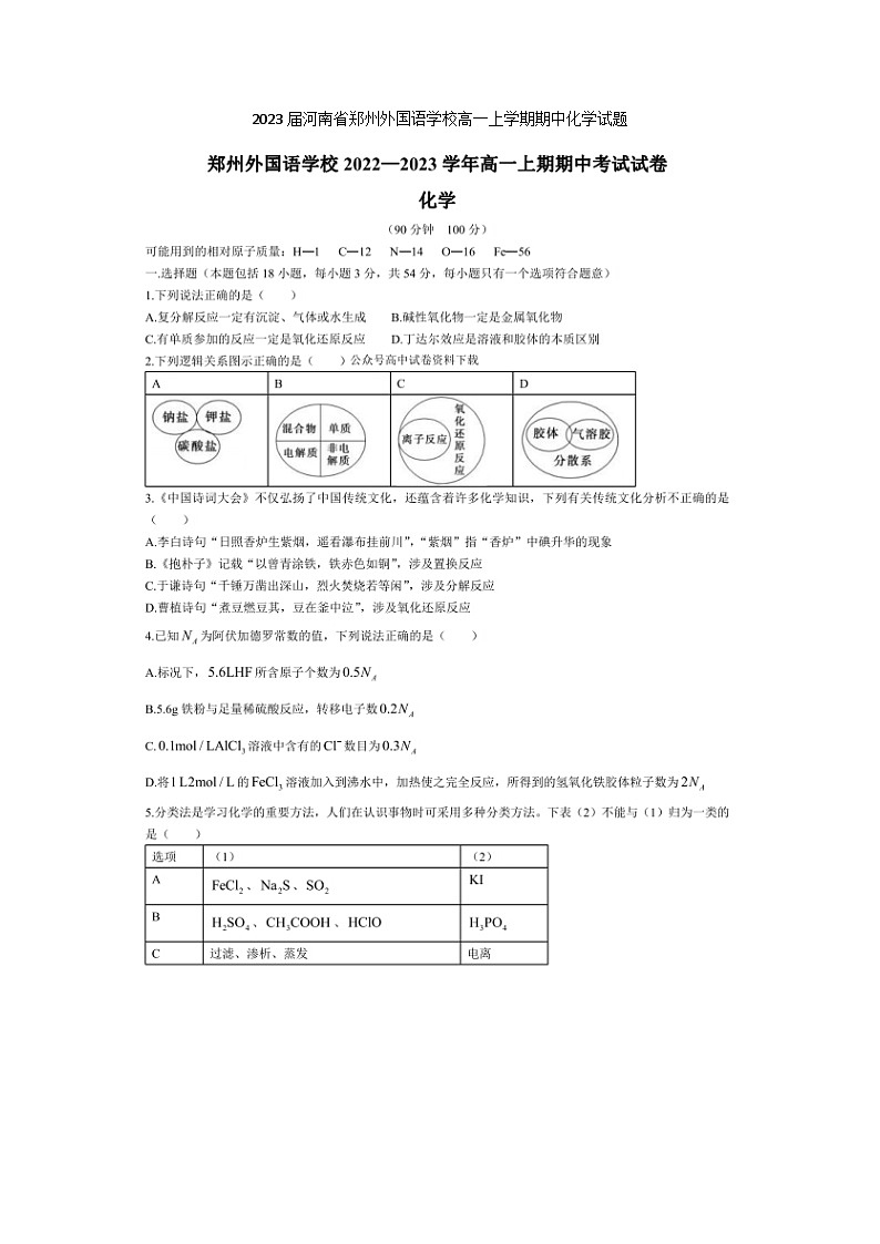 2023届河南省郑州外国语学校高一上学期期中化学试题第1页