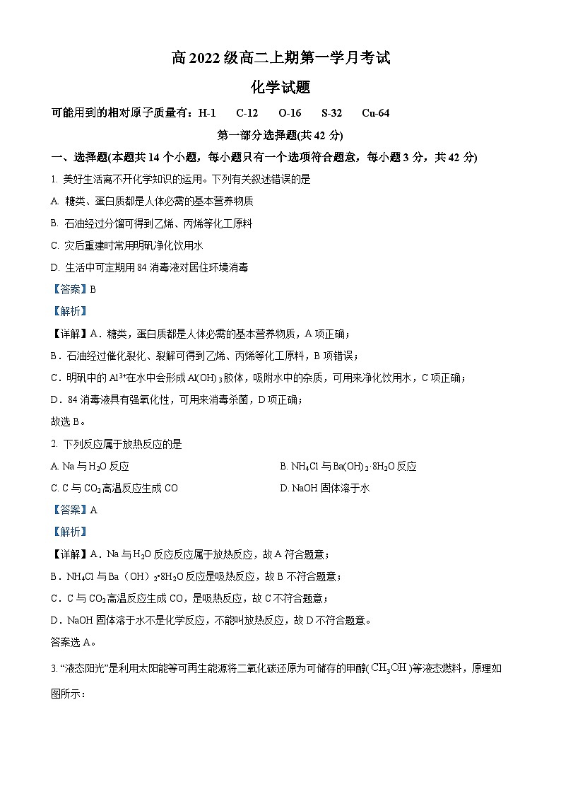 四川省泸县第一名校2023-2024学年高二上学期10月月考化学试题  Word版含解析第1页