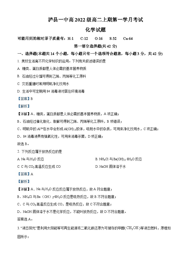 2024泸县一中高二上学期10月月考化学试题含解析01