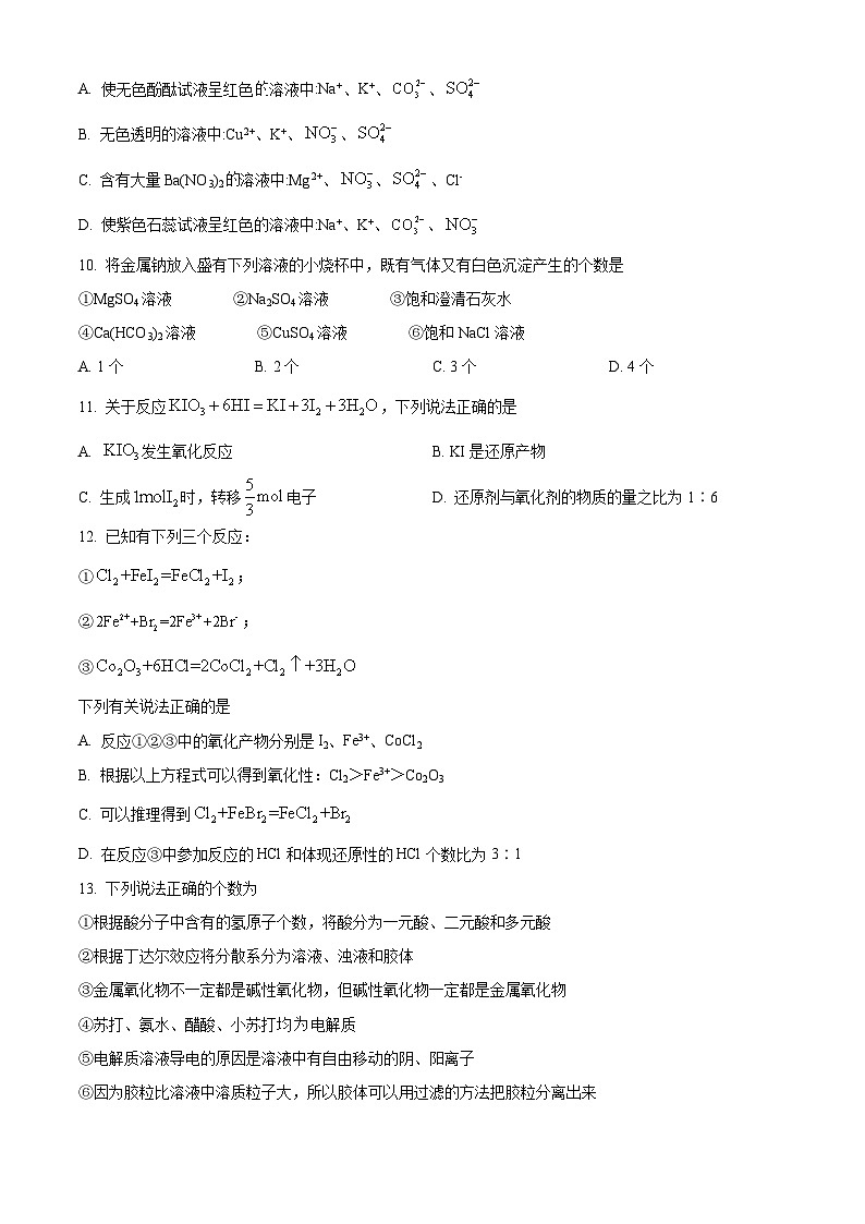 2024省双鸭山一中高一上学期10月月考试题化学含解析第3页