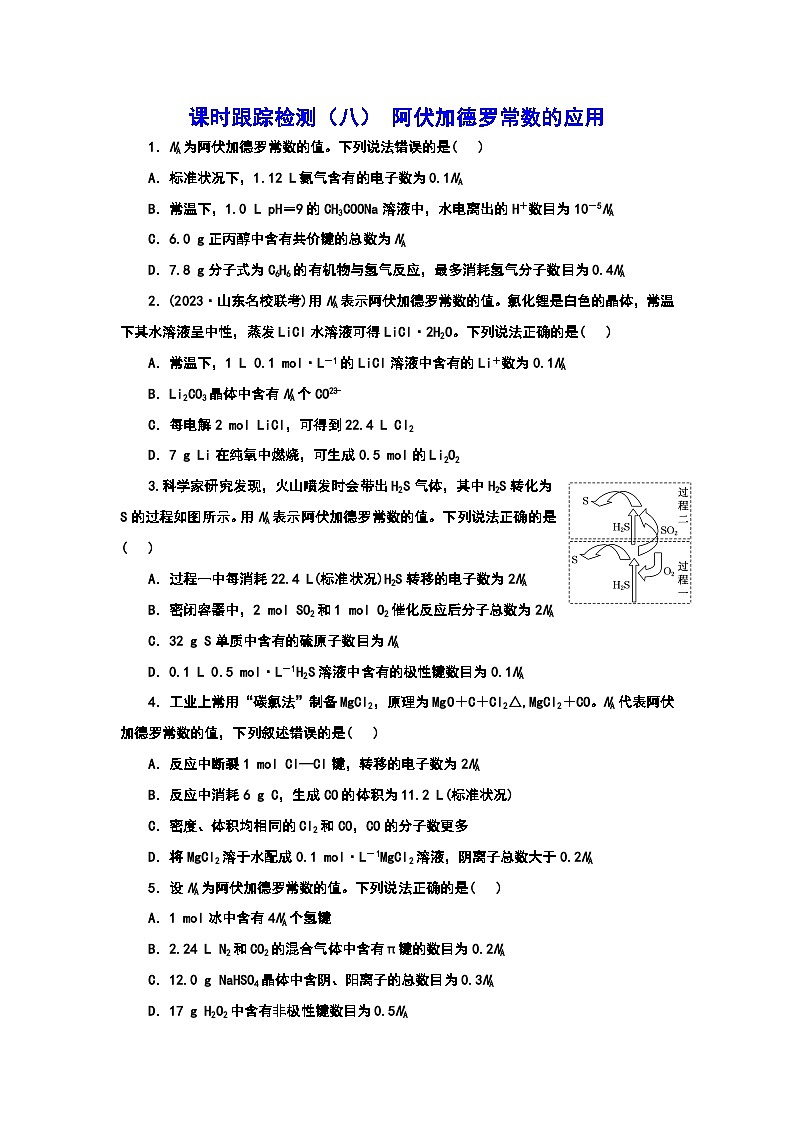 2024届高考化学一轮复习  课时跟踪检测（八） 阿伏加德罗常数的应用 （含答案）第1页
