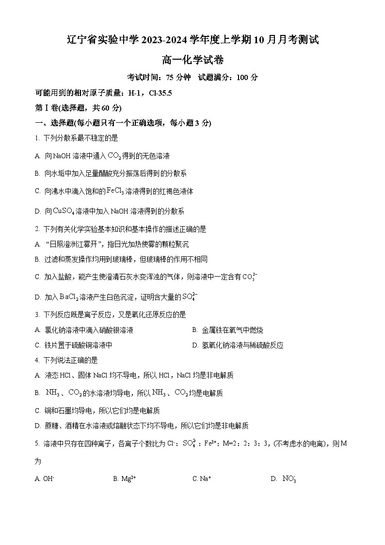 辽宁省实验中学2023-2024学年高一化学上学期10月月考试题（Word版附答案）第1页
