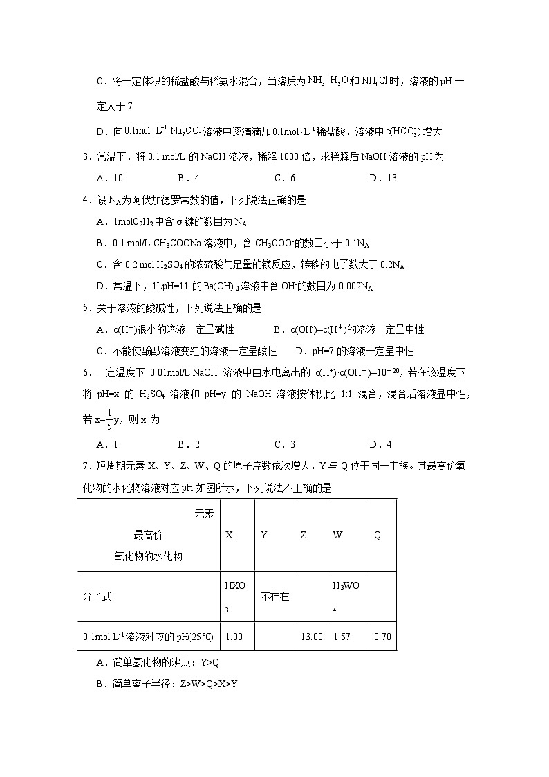 3.2.1溶液的酸碱性同步练习-苏教版高中化学选择性必修102