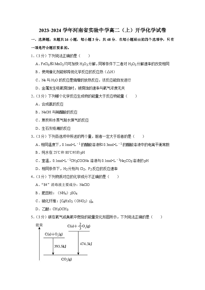 2024河南省实验中学高二上学期10月月考试题化学含解析01