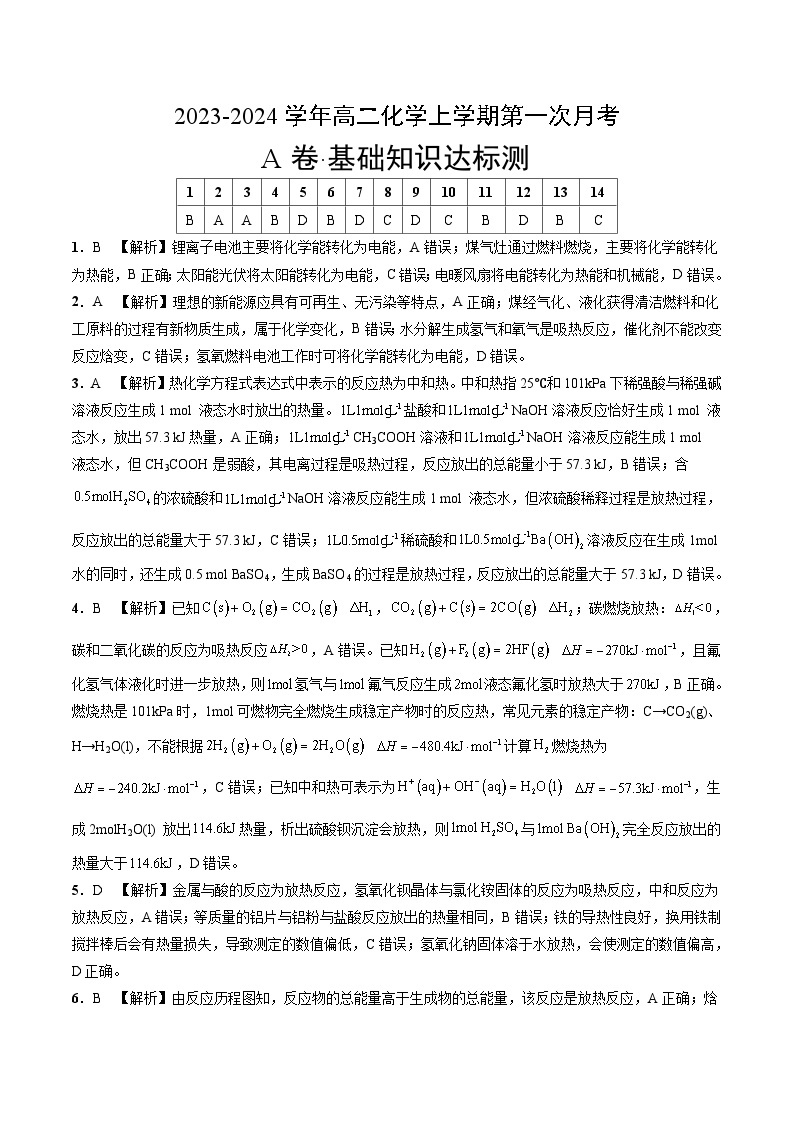 （苏教版2019江苏专用）2023-2024学年高二化学上学期 第一次月考卷01