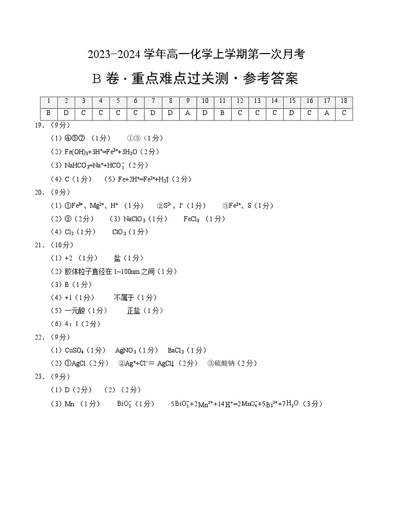 （人教版2019）2023-2024学年高一化学上学期 第一次月考B卷01
