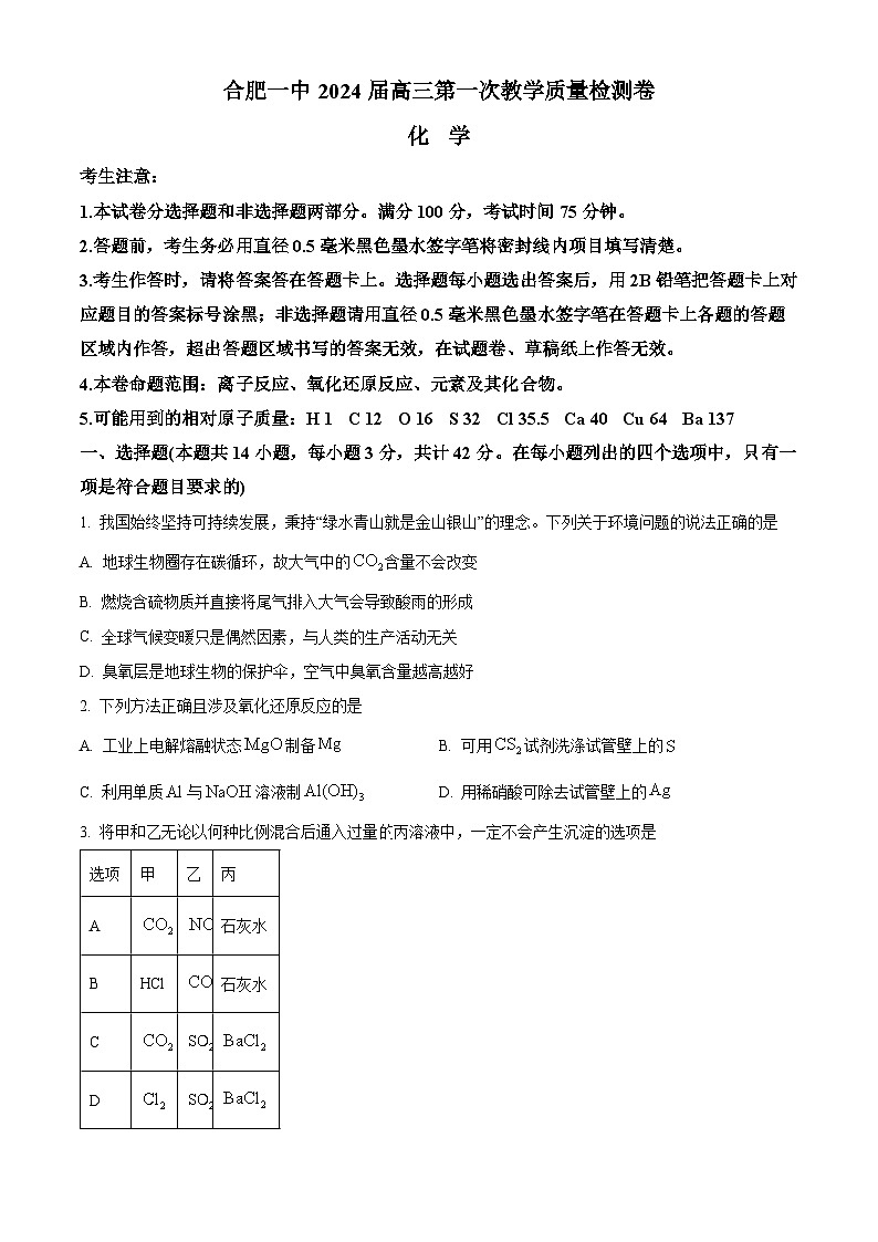 安徽省十联考（合肥一中）2024届高三上学期第一次教学质量测试化学试题  Word版无答案第1页