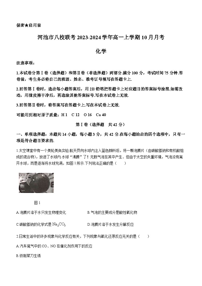 广西河池市八校联考2023-2024学年高一上学期10月月考化学试题（含答案）01