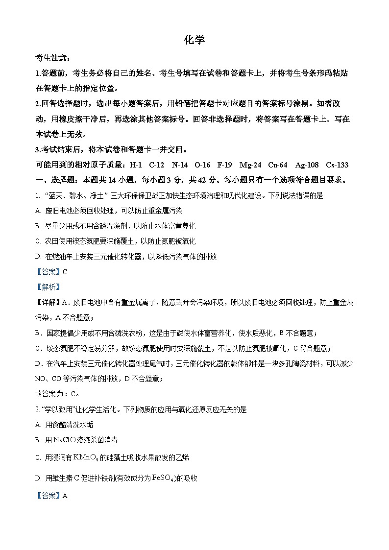 安徽省巢湖市第一中学2023-2024学年高三10月月考化学试题含解析第1页