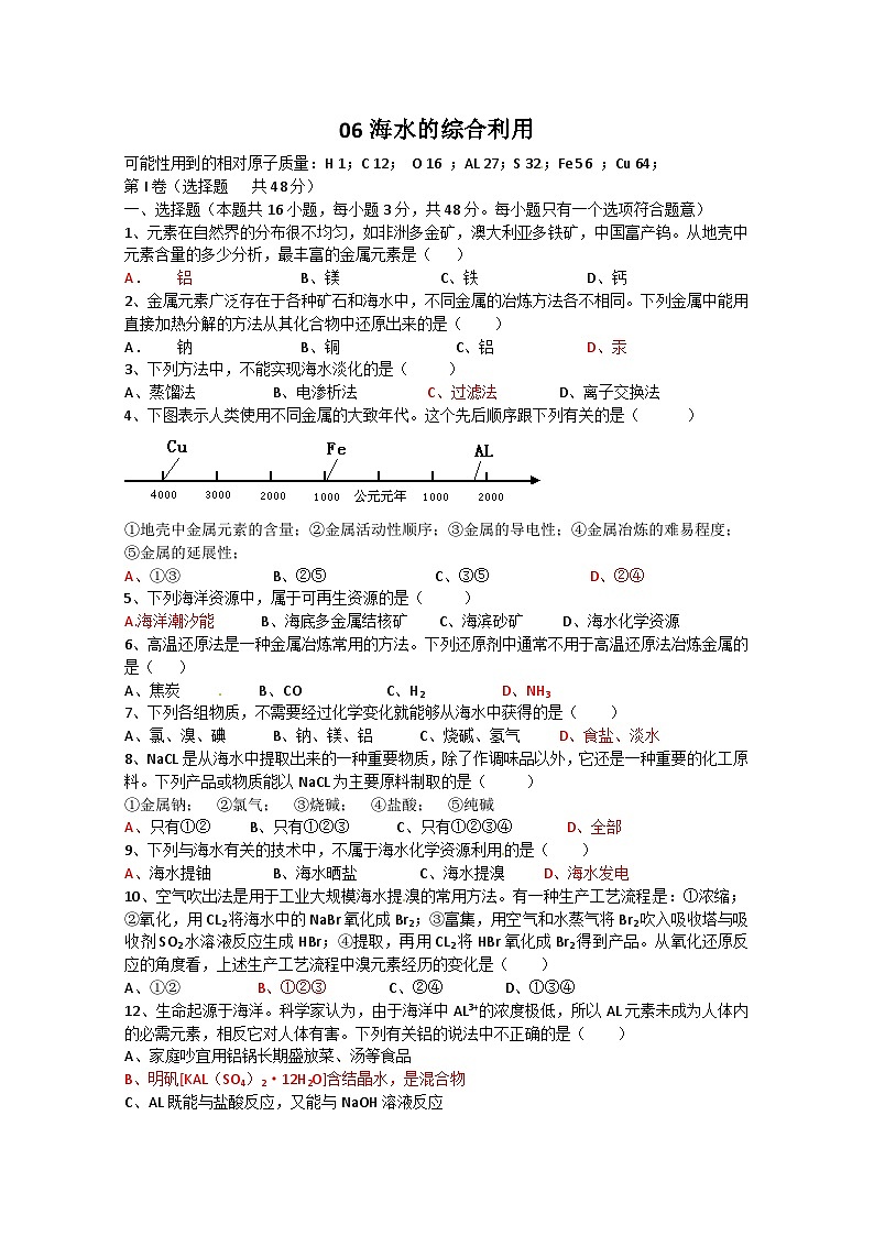 2022年高二化学选修2寒假同步练习（含答案）：06海水的综合利用第1页