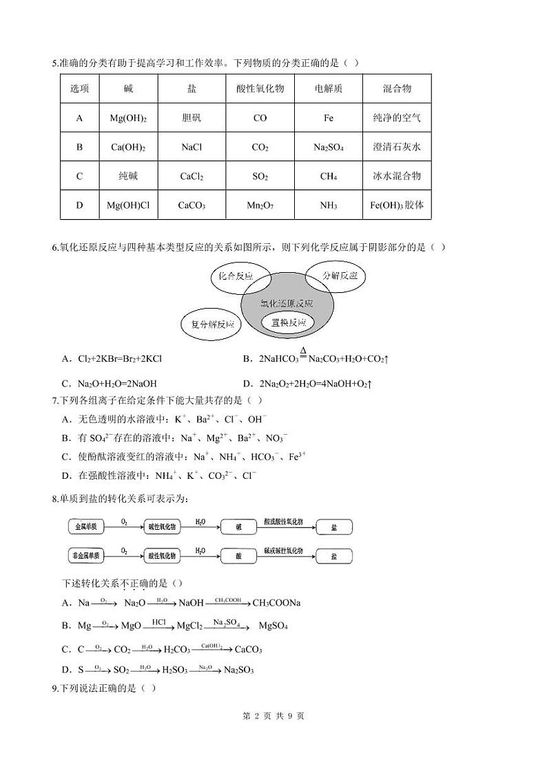 四川省成都市石室成飞2023-2024学年高一上学期10月阶段检测化学试题（PDF版含答案）02
