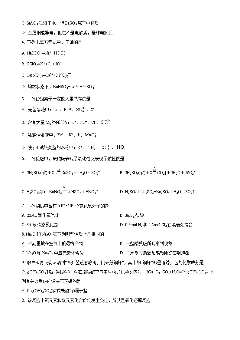 【期中真题】吉林省长春外国语学校2021-2022学年高一上学期期中考试化学试题（原卷版）第2页