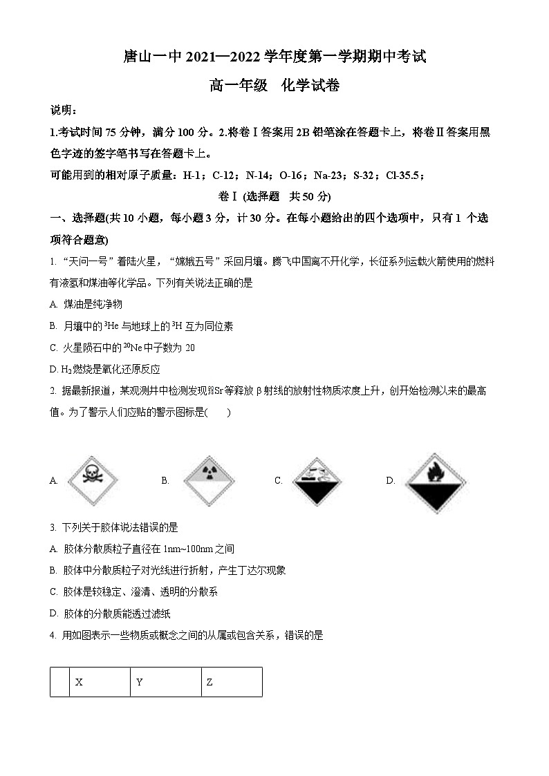 【期中真题】河北省唐山市一中2021-2022学年高一上学期期中考试化学试题 （原卷版）第1页