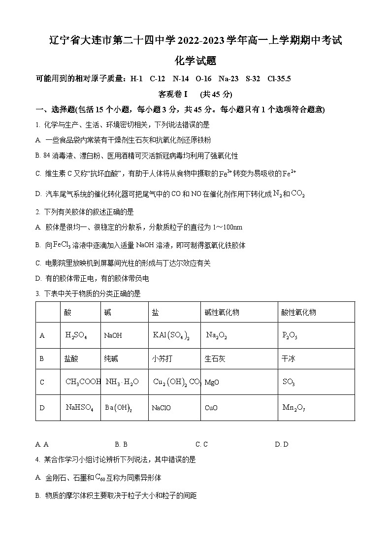 【期中真题】辽宁省大连市第二十四中学2022-2023学年高一上学期期中考试化学试题.zip01