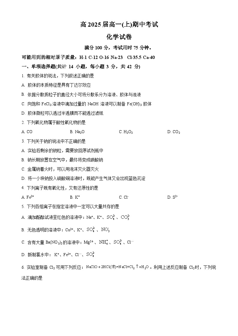 【期中真题】重庆市巴蜀中学2022-2023学年高一上学期期中考试化学试题.zip01