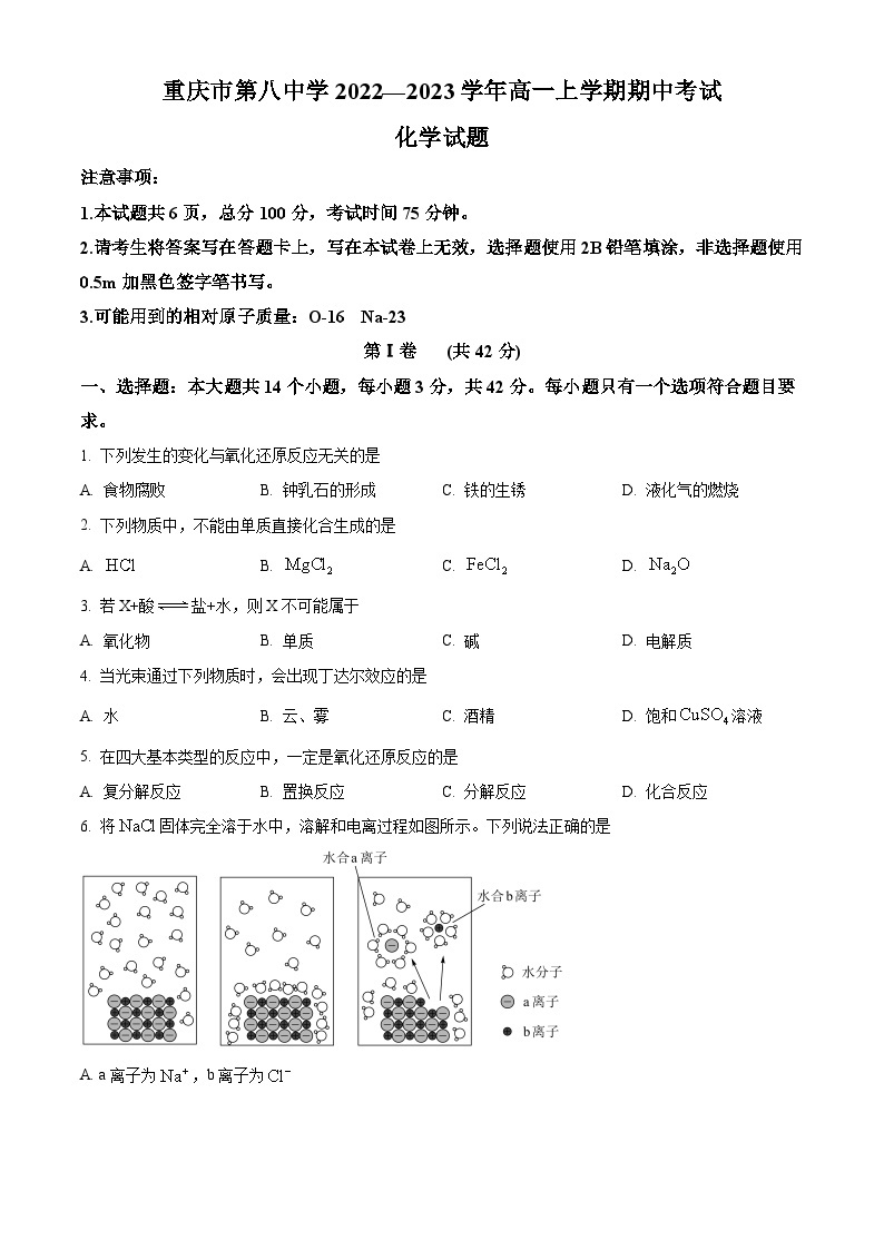 【期中真题】重庆市第八中学校2022-2023学年高一上学期期中考试（半期考试）化学试题.zip01