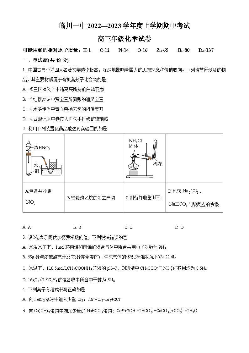 【期中真题】江西省抚州市临川第一中学2022-2023学年高三上学期期中考试化学试题（原卷版）第1页