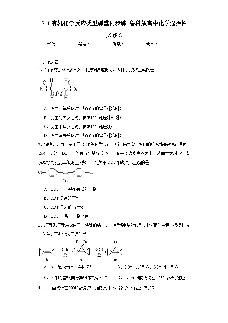 2.1有机化学反应类型课堂同步练-鲁科版高中化学选择性必修301
