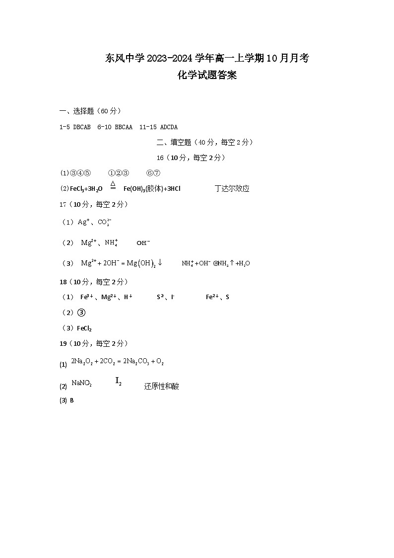 黑龙江省大庆市萨尔图区东风中学2023-2024学年高一上学期10月月考化学试题（含答案）01
