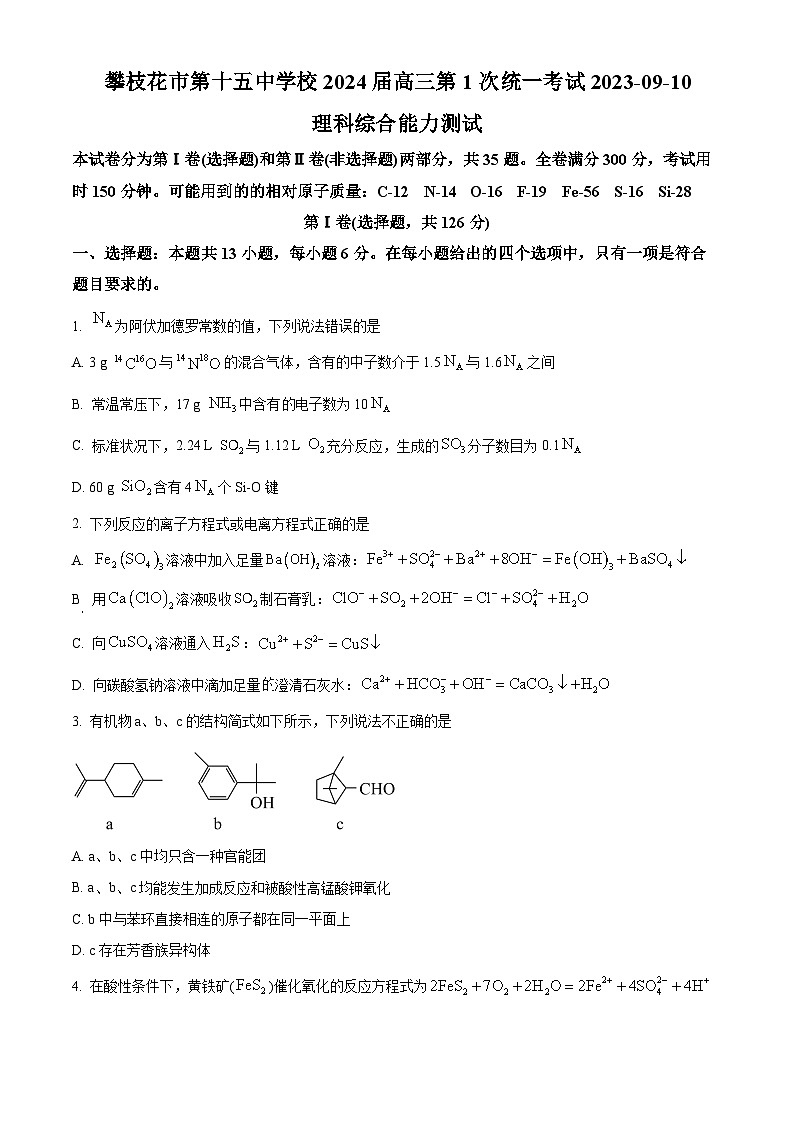 四川省攀枝花市第十五中学校2023-2024学年高三上学期9月第一次统一考试理综化学试题（原卷版）第1页