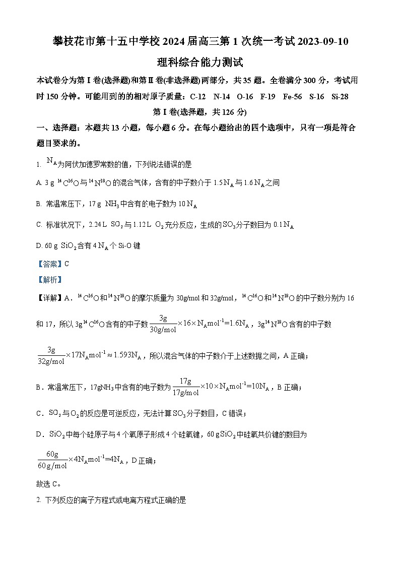 四川省攀枝花市第十五中学2023-2024学年高三化学上学期9月第一次统考试题（Word版附解析）01