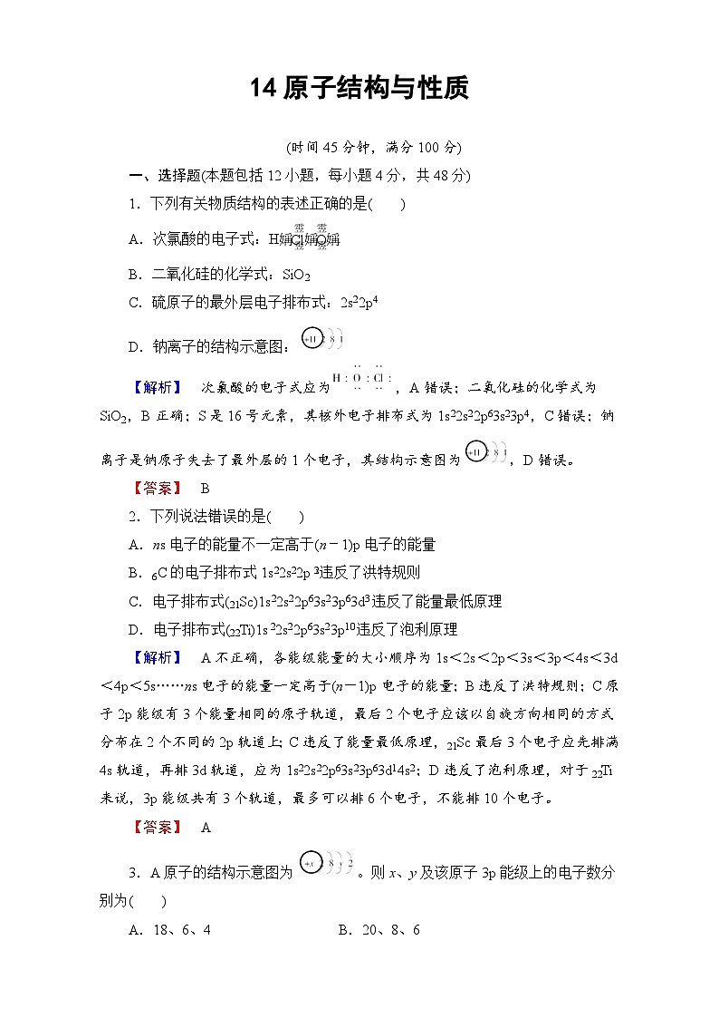 2022年高三化学寒假学业分层测评：14原子结构与性质 Word版含解析第1页