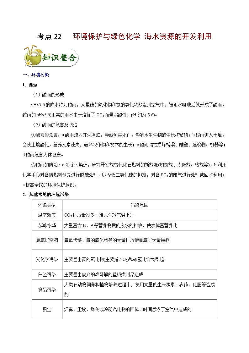 高考化学 考点22 环境保护与绿色化学 海水资源的开发利用学案（含解析）01