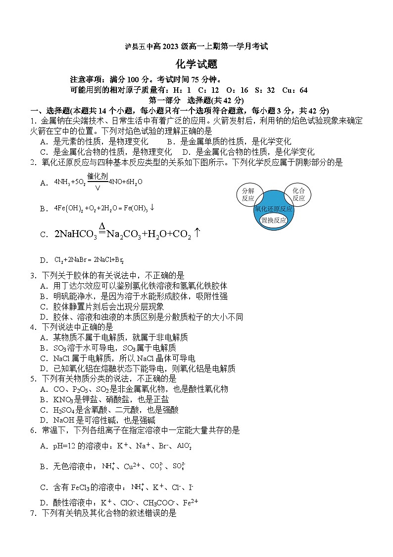 四川省泸县第五中学2023-2024学年高一上学期10月月考化学试题第1页