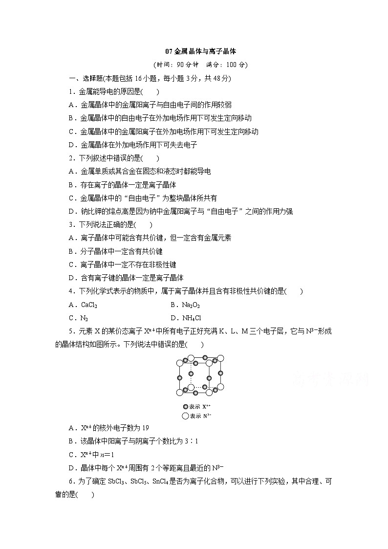 2022年高三化学寒假同步测试卷：07金属晶体与离子晶体 Word版含答案第1页