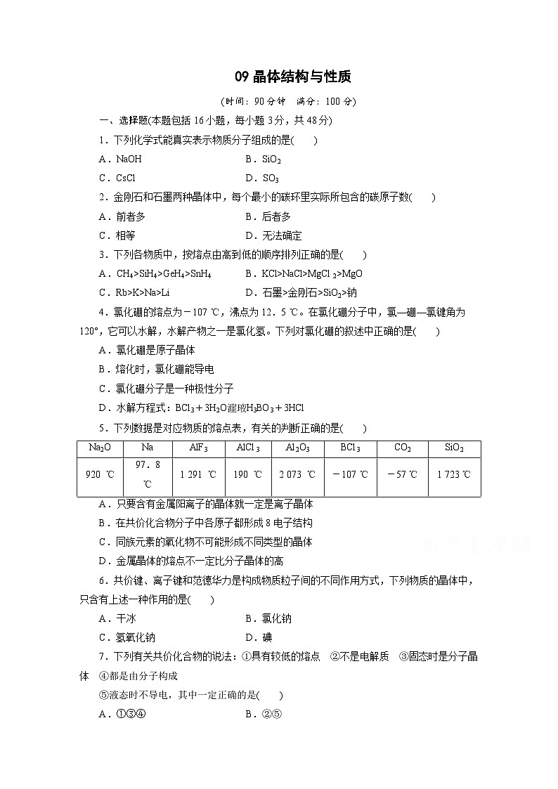 2022年高三化学寒假同步测试卷：09晶体结构与性质 Word版含答案第1页