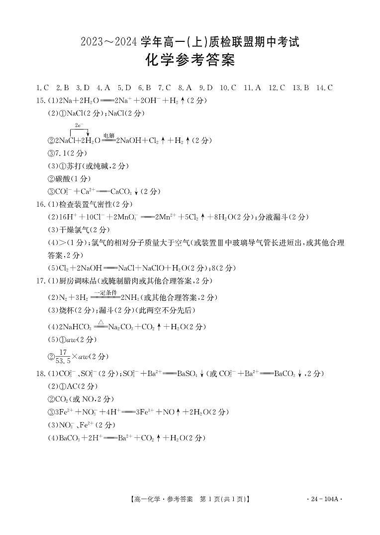 河北省邢台市五校质检联盟2023-2024学年高一上学期11月期中考试化学01