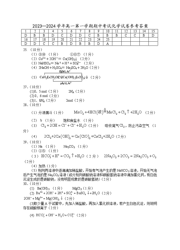 宁夏银川一中2023-2024学年高一上学期期中考试化学01