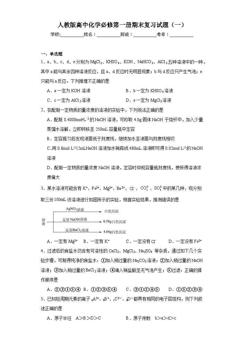 人教版高中化学必修第一册期末复习试题（一）第1页