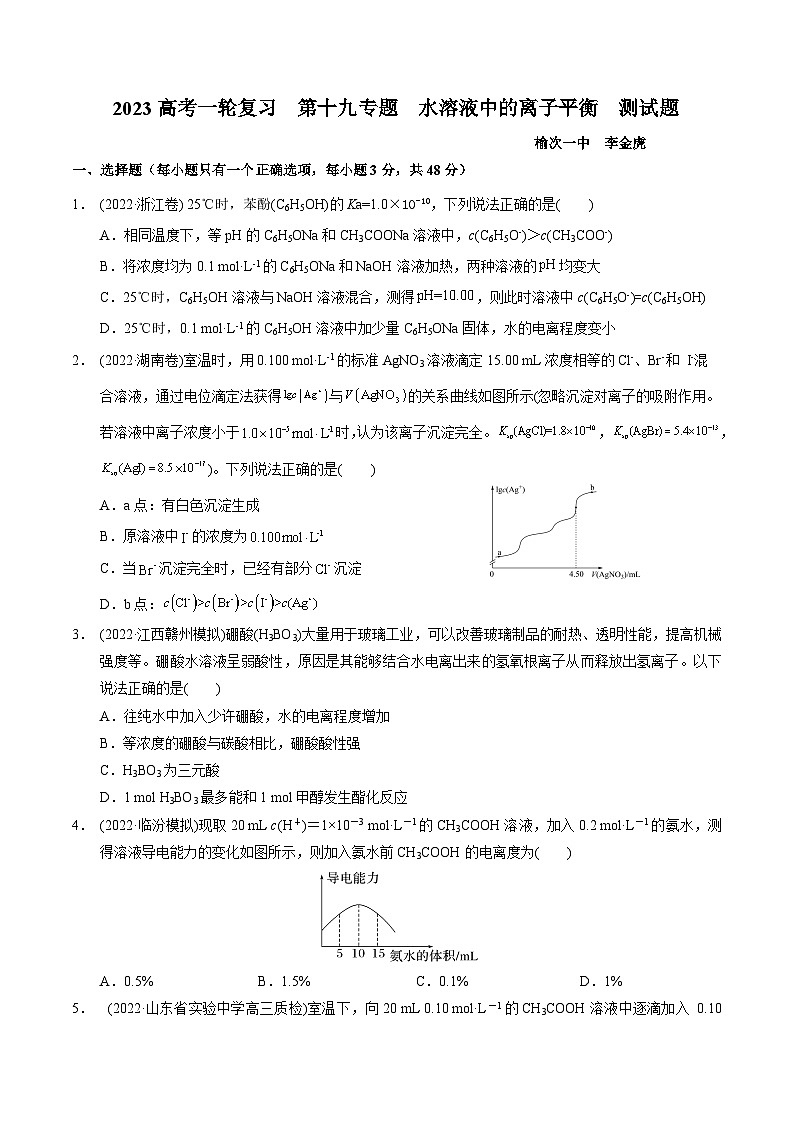 2023届高三化学高考备考一轮复习   第十九专题  水溶液中的离子平衡  测试题第1页