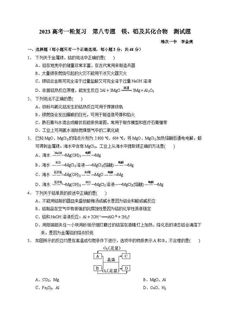 2023届高三化学高考备考一轮复习  第八专题   镁、铝及其化合物   测试题第1页