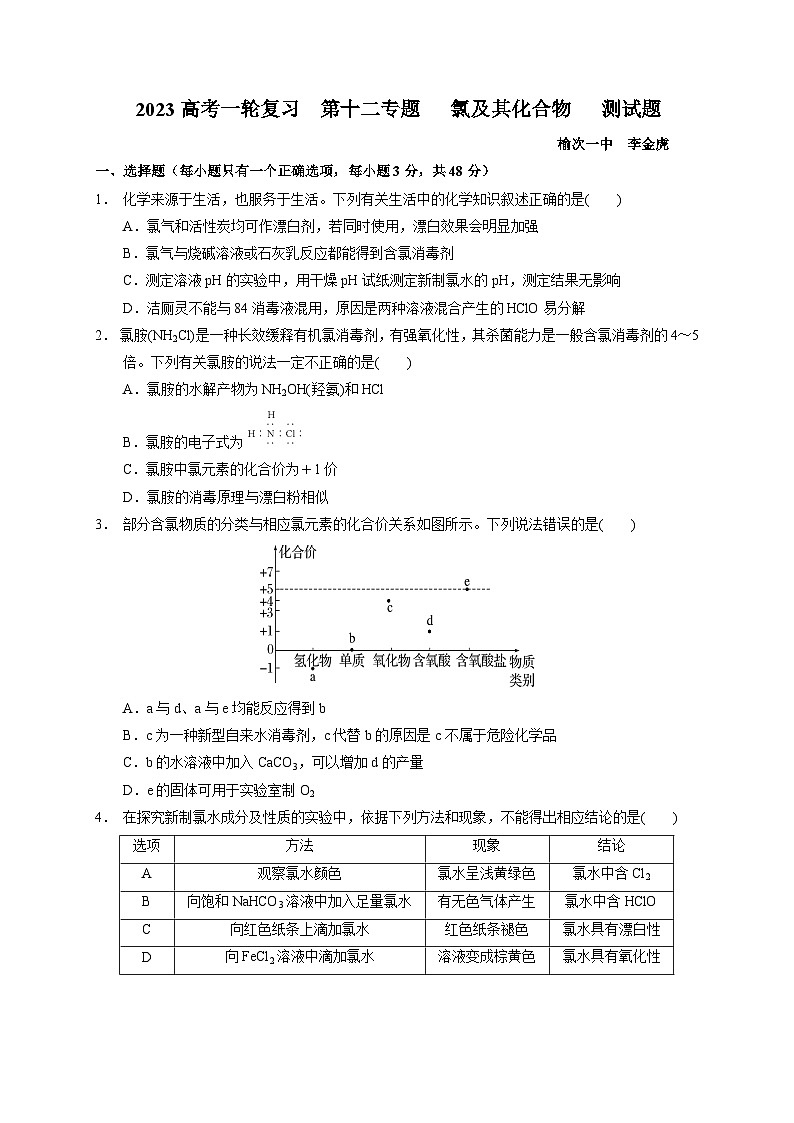 2023届高三化学高考备考一轮复习第十二专题   氯及其化合物   测试题第1页
