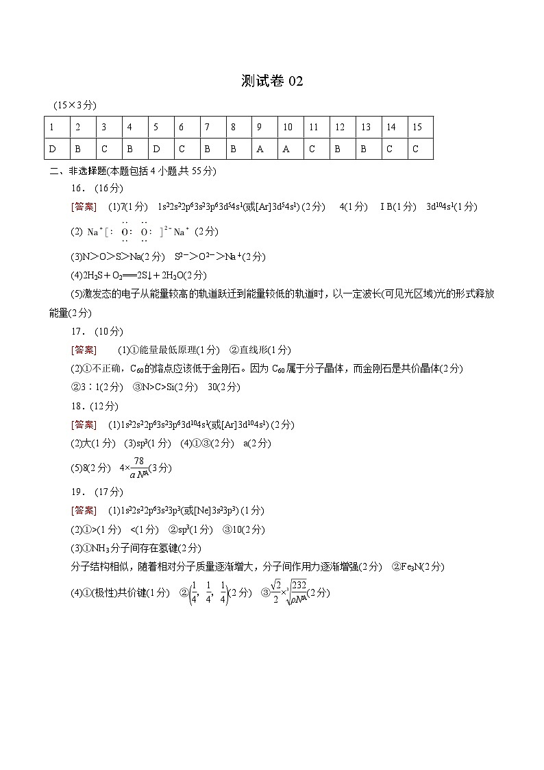 测试卷02-2021-2022学年高二化学下学期期末复习（讲义+测试）（人教版2019选择性必修2）（参考答案+评分标准）第1页